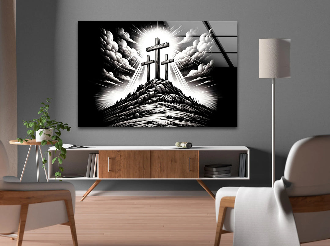 Christian black and white glass wall art depicting three crosses illuminated by heavenly light.