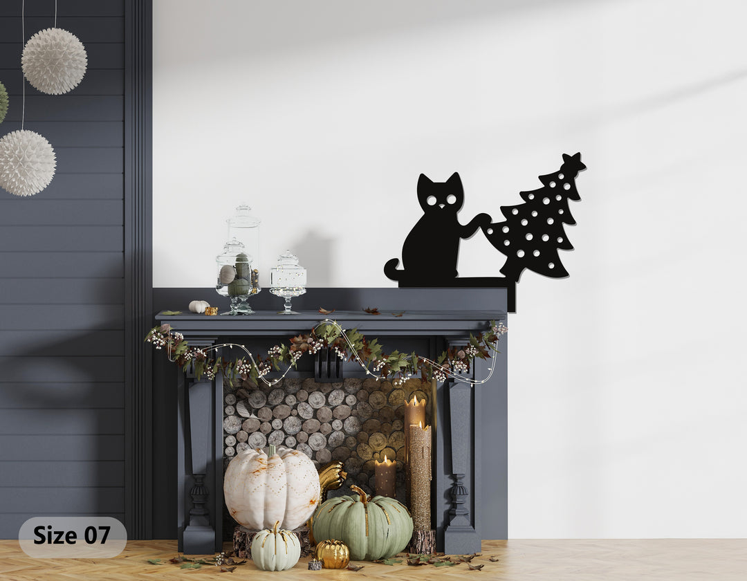 Christmas tree metal wall art with cute cat silhouette