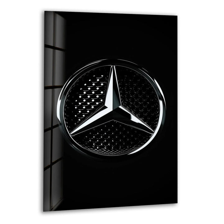 Cool Glass Art & Photo on GlasBlack glass wall art featuring a chrome three-point star emblem with reflective metallic details.s