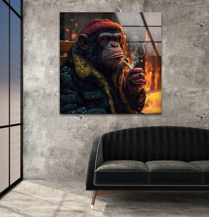 Wandkunst aus gehärtetem Glas mit Zigarre rauchendem Affe
