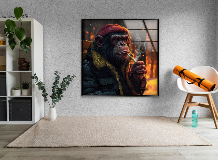 Wandkunst aus gehärtetem Glas mit Zigarre rauchendem Affe