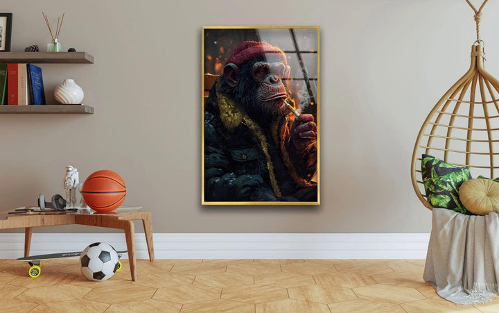 Wandkunst aus gehärtetem Glas mit Zigarre rauchendem Affe