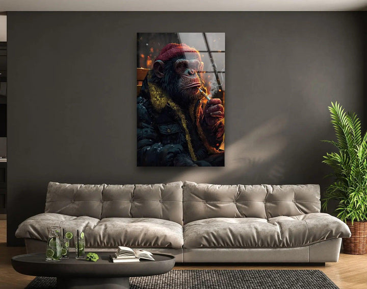 Wandkunst aus gehärtetem Glas mit Zigarre rauchendem Affe