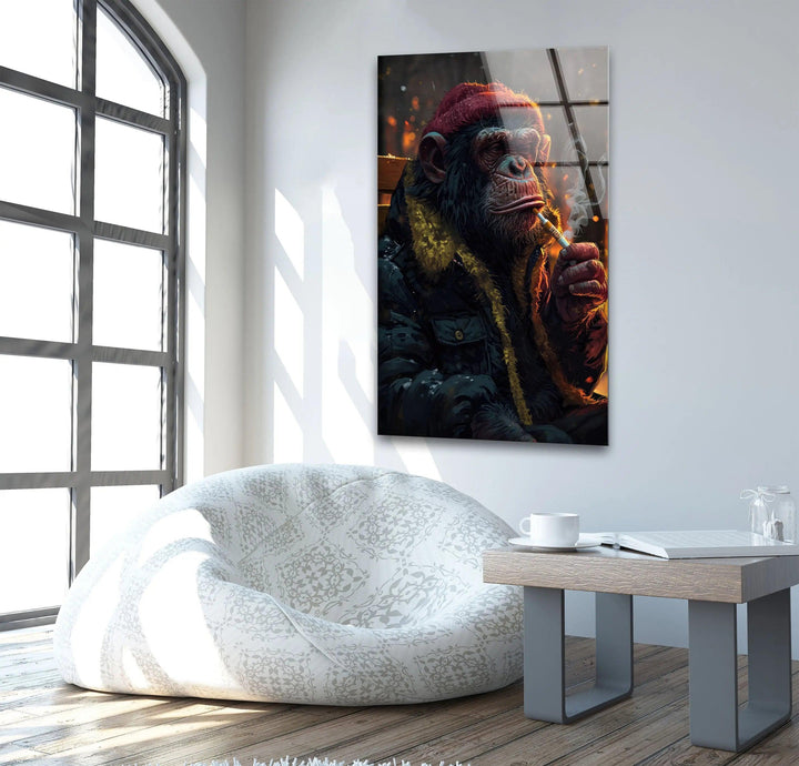 Wandkunst aus gehärtetem Glas mit Zigarre rauchendem Affe