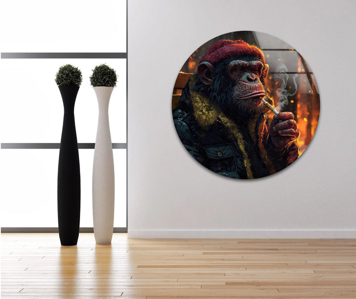 Wandkunst aus gehärtetem Glas mit Zigarre rauchendem Affe