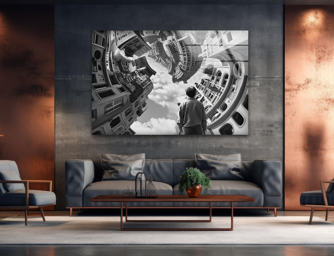 Abstract black and white city bending into a dreamlike spiral formation.