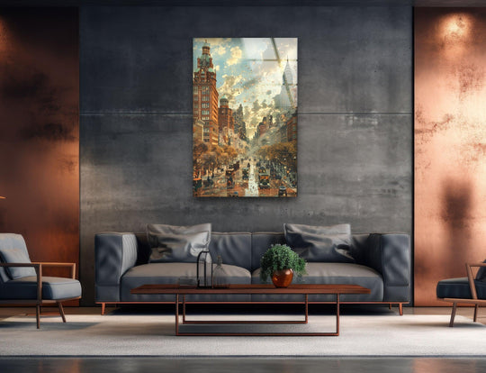 Highlighting the sunlit skyscrapers, this old city landscape glass art provides a vibrant and luminous focal point, illuminating this unique glass art.