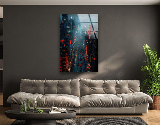 Foreground lime-infused water and an open book rest on a dark coffee table, complementing the city street view print wall art hanging above the taupe sofa.