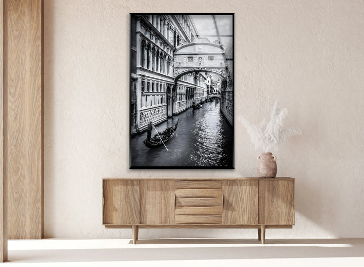 Atmospheric black and white Venice scene printed on glass with canal and gondola.