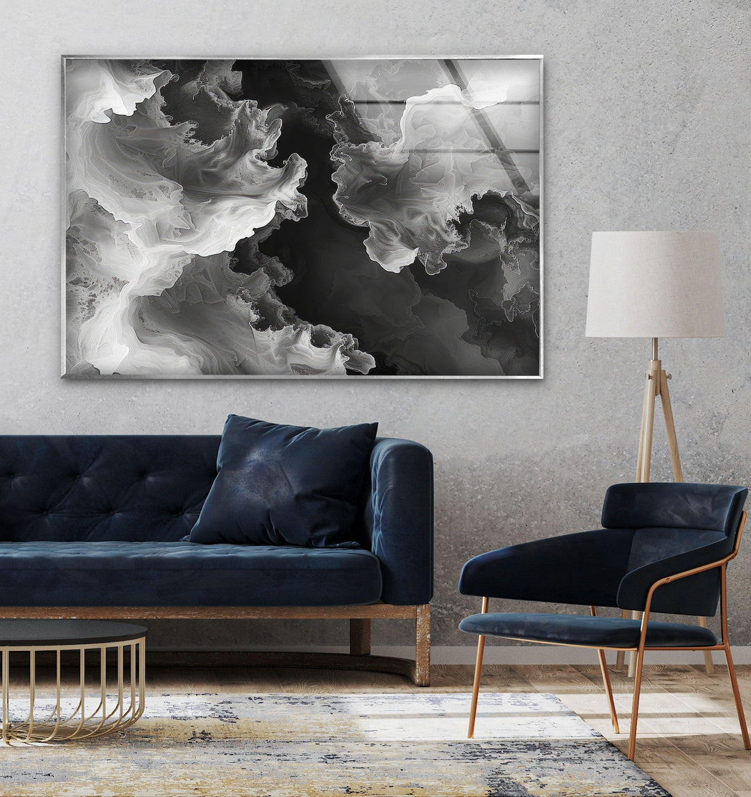 Grayscale abstract composition on glass featuring organic flowing textures and atmospheric depth.