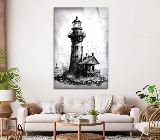 Subtle shifts in shading highlight the contrast in this lighthouse at dusk art from glass, emphasizing the scenic depth of the black and white coastal art.