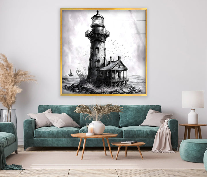 Vintage lighthouse design on glass surrounded by rocks, grasses, and ocean waves.