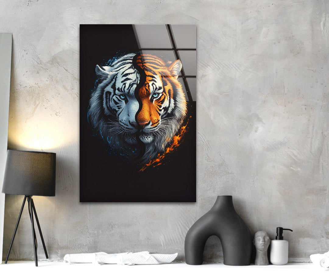 Artistic tiger composition on tempered glass merging frosty tones with vibrant warm colors.