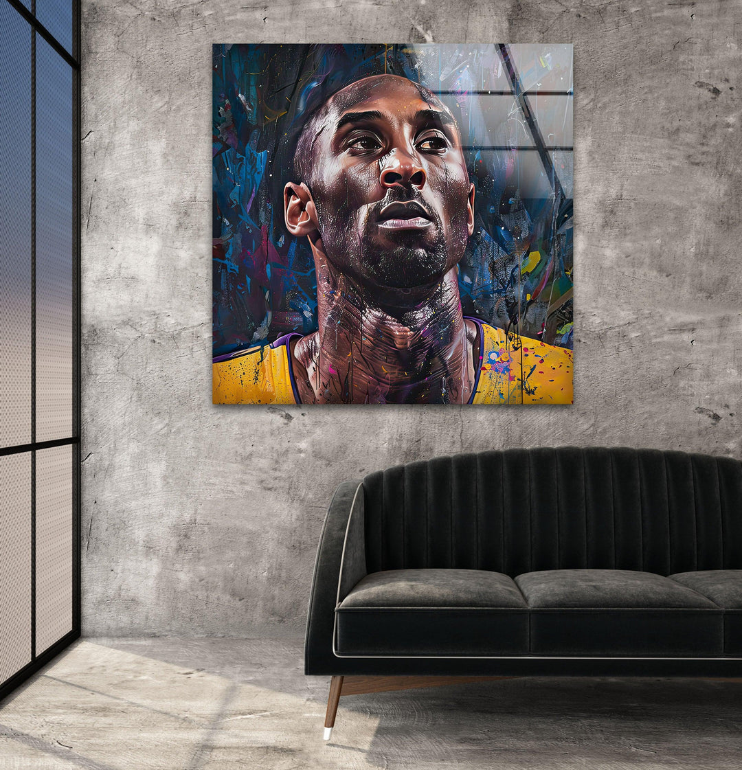 Vibrant portrait-style basketball artwork on glass featuring an intense athletic expression.-Kobe Bryant Portrait Painting Glass Wall Art 