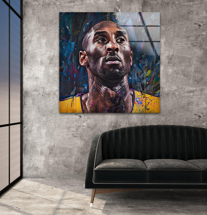 Vibrant portrait-style basketball artwork on glass featuring an intense athletic expression.-Kobe Bryant Portrait Painting Glass Wall Art 