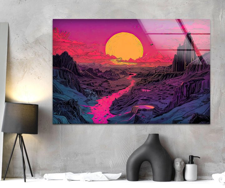 Sunset Pink Landscape Glass Wall Art print picture on glass, Tempered Glass Wall Art
