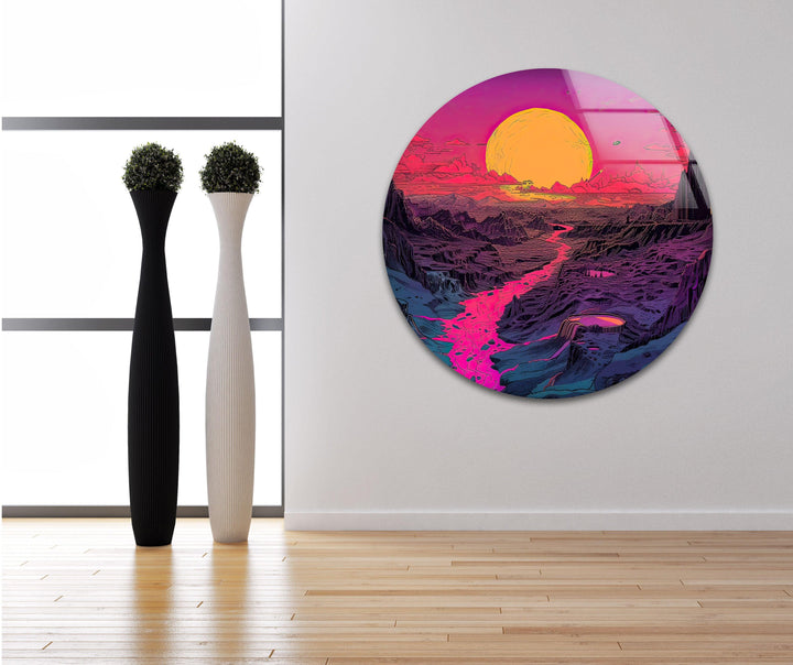 Sunset Pink Landscape Glass Wall Art glass art painting, glass art for the Wall
