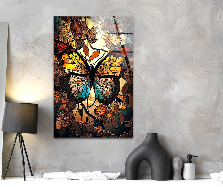 Brown Butterfly Glass Wall Art custom glass pictures, glass art prints
