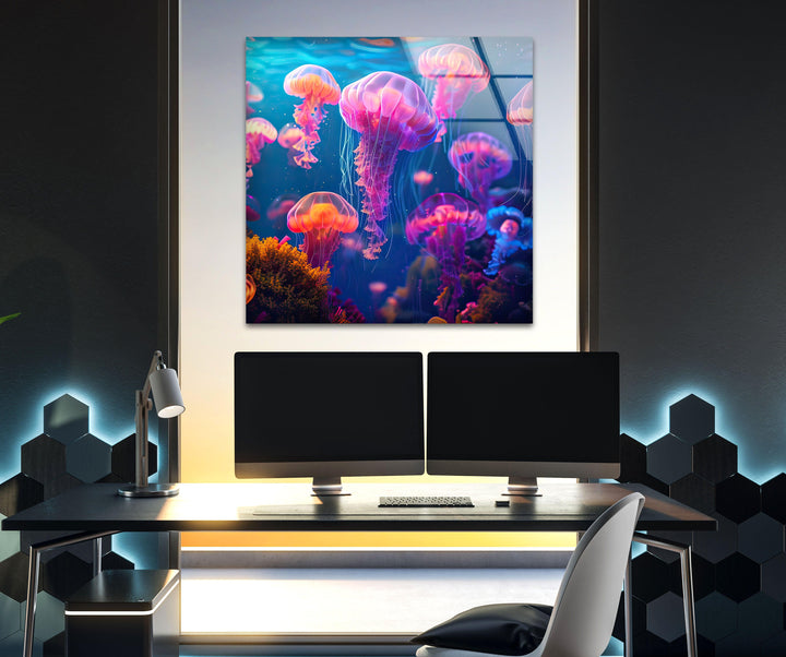 Neon Purple Jellyfish Glass Wall Art print picture on glass, Tempered Glass Wall Art
