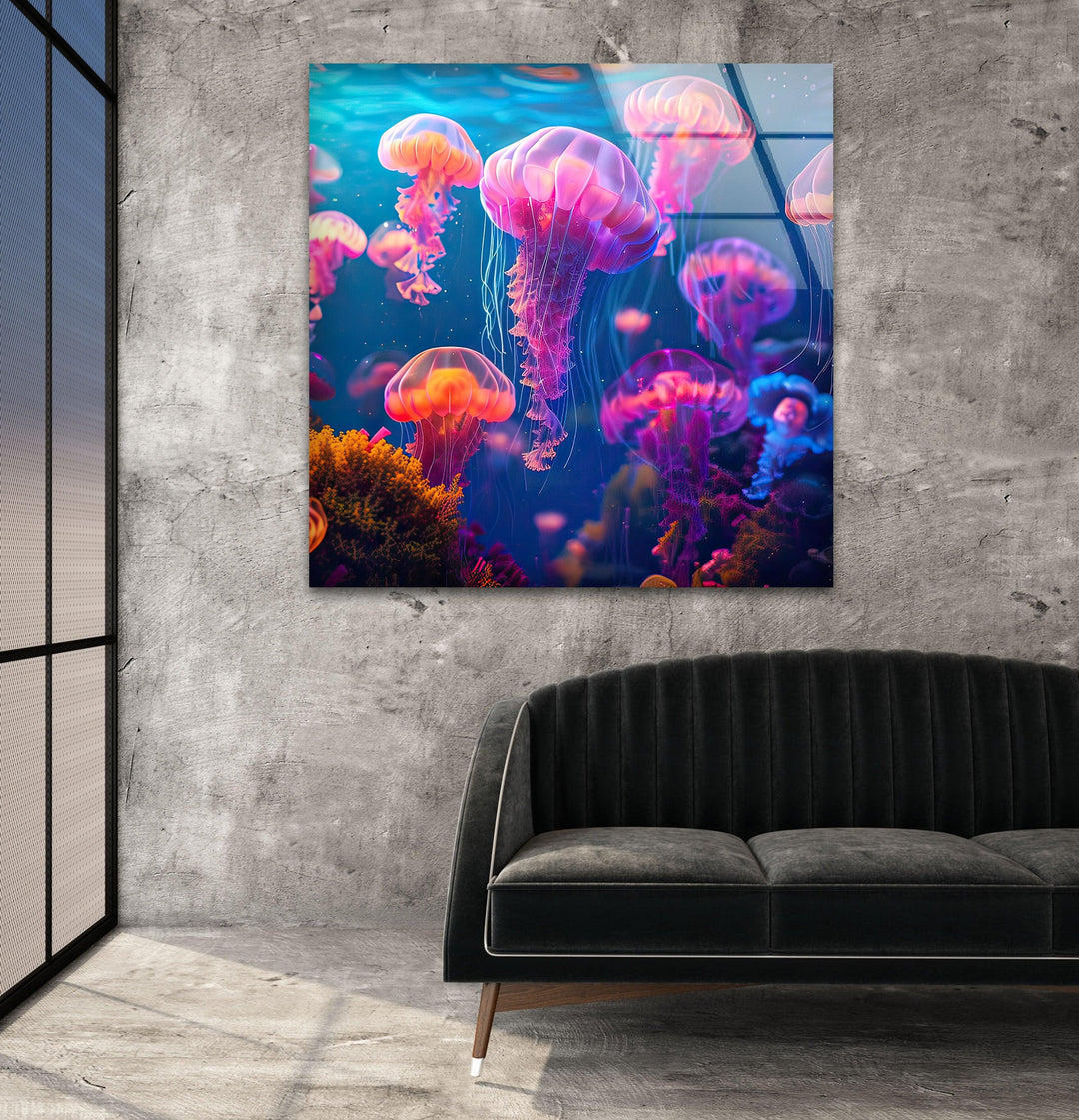 Neon Purple Jellyfish Glass Wall Art picture on glass wall art, photos printed on glass
