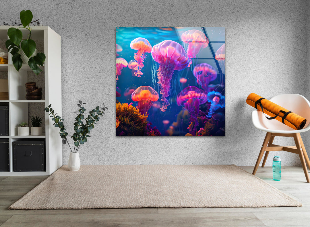 Neon Purple Jellyfish Glass Wall Art print on glass, glass printed photos
