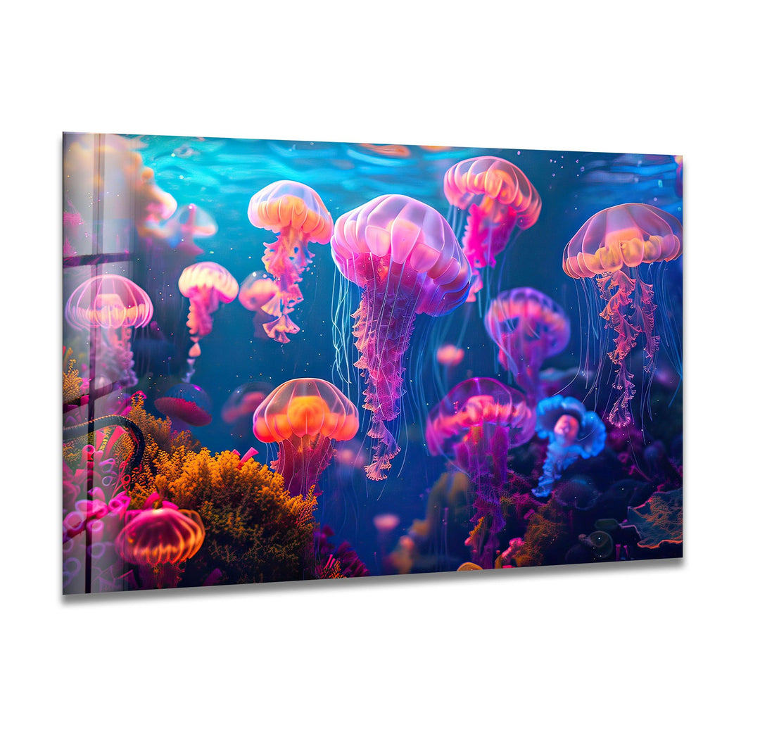 Neon Purple Jellyfish Glass Wall Art custom glass photo prints, large glass prints
