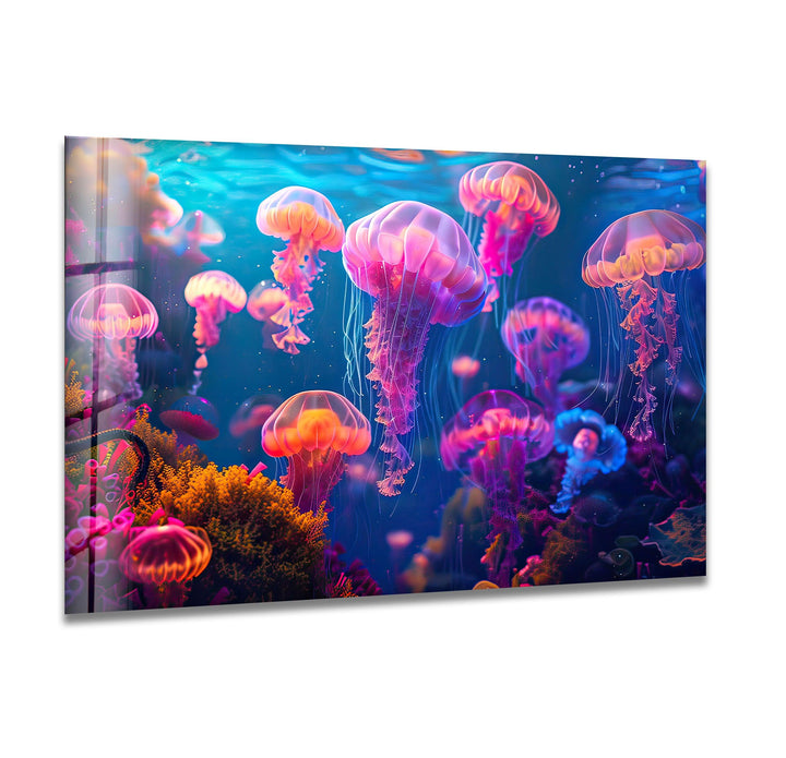 Neon Purple Jellyfish Glass Wall Art custom glass photo prints, large glass prints
