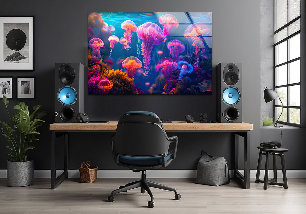 Neon Purple Jellyfish Glass Wall Art Glass Printing Wall Art, Print photos on glass
