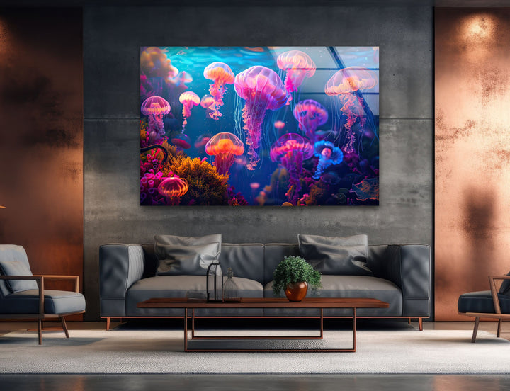 Neon Purple Jellyfish Glass Wall Art glass photo prints, glass picture prints
