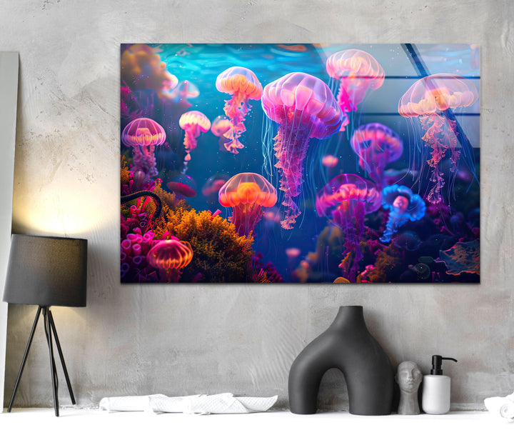 Neon Purple Jellyfish Glass Wall Art glass image printing, glass prints from photos
