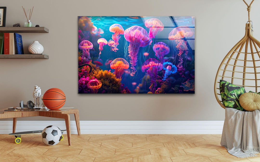 Neon Purple Jellyfish Glass Wall Art glass pictures for Wall, glass prints wall art
