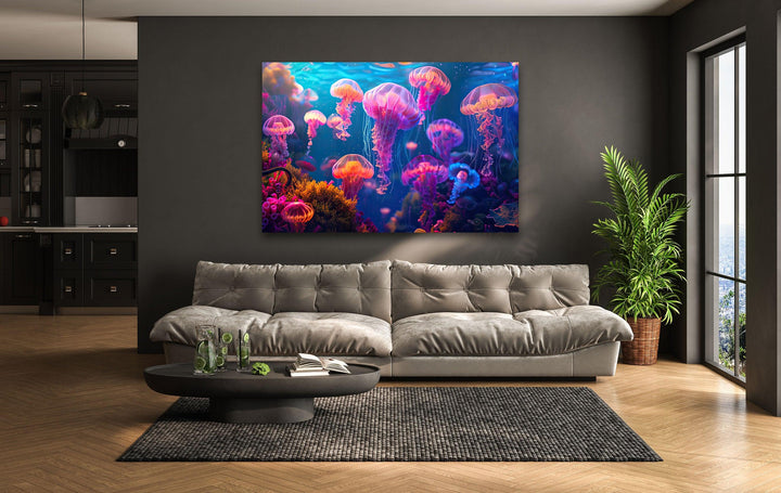 Neon Purple Jellyfish Glass Wall Art custom glass pictures, glass art prints

