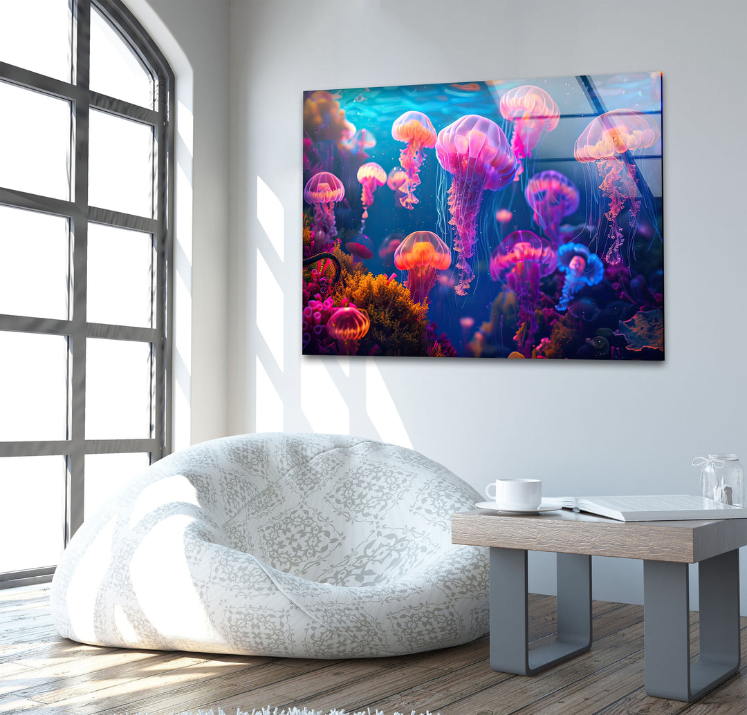 Neon Purple Jellyfish Glass Wall Art photo print on glass, prints on glass wall art
