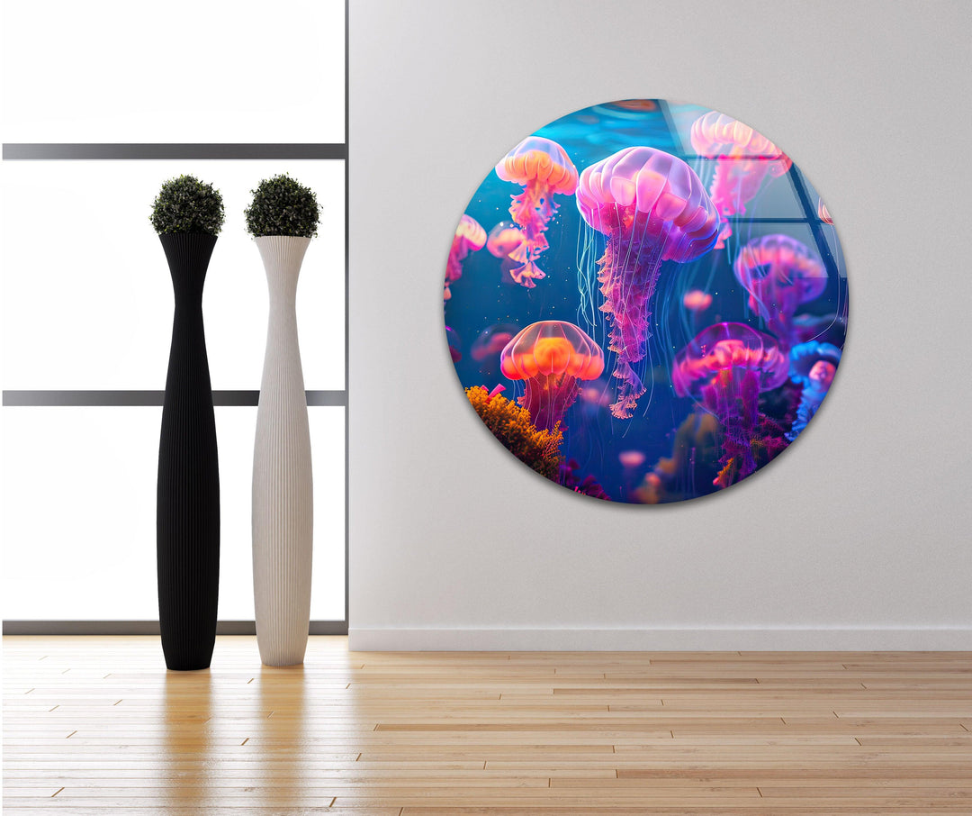 Neon Purple Jellyfish Glass Wall Art large glass photo prints, glass wall photos
