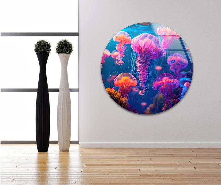 Neon Purple Jellyfish Glass Wall Art large glass photo prints, glass wall photos
