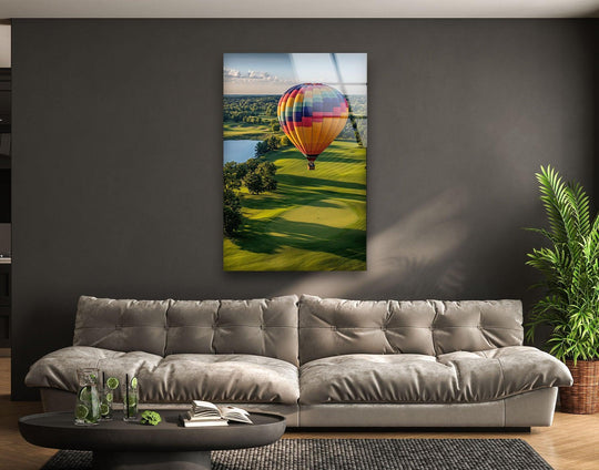 Highlighting the layering effect, the vibrant hot air balloon over a lush landscape is showcased in this best glass art, creating an aerial escape on glass.