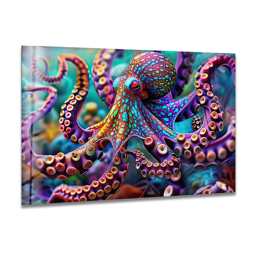 An abstract glass wall art piece features an octopus with intricate geometric patterns and circular suction cups.