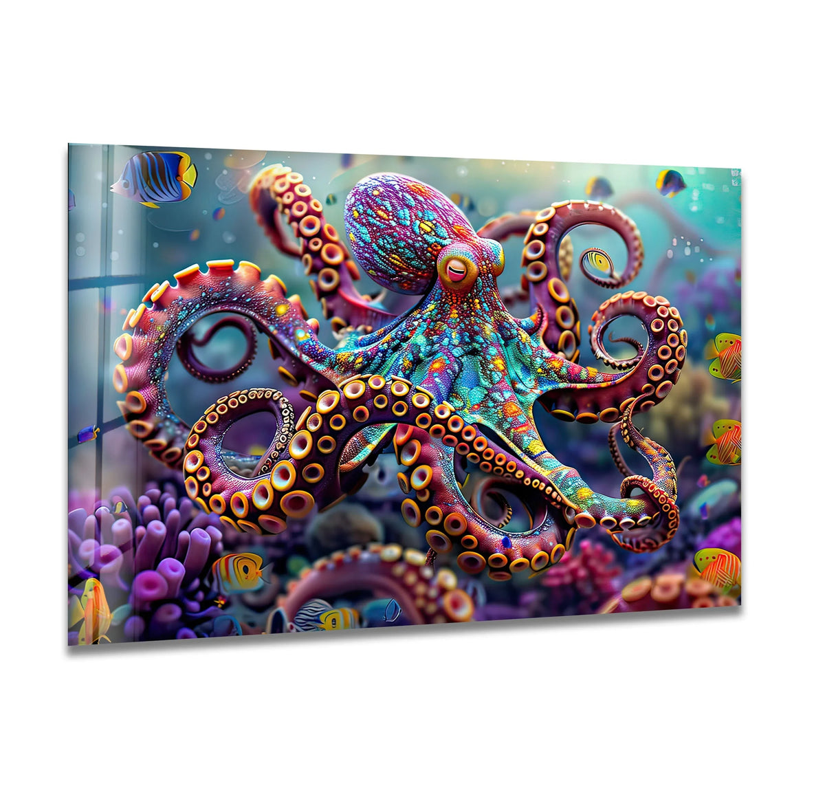 A vibrant octopus with soft, iridescent tentacles is depicted in this colorful print wall art.