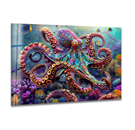 A vibrant octopus with soft, iridescent tentacles is depicted in this colorful print wall art.