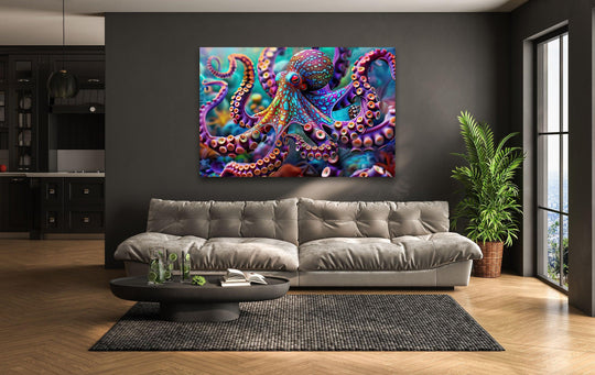 Minimalist living room with a large, abstract octopus glass printing art piece dominating the negative space on the wall.
