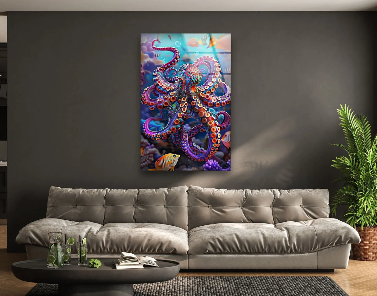 A vibrant octopus and fish are layered in a colorful glass wall art print with detailed textures.