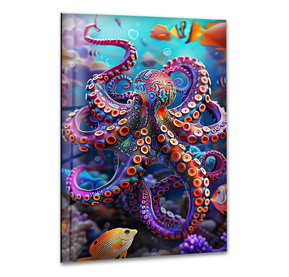 Vibrant blue ocean background with colorful coral and small fish complementing the detailed octopus wall prints.