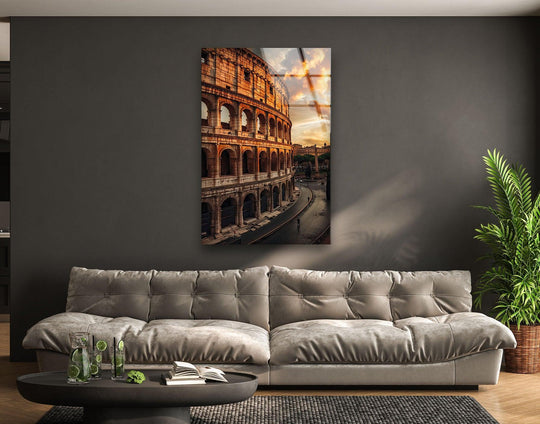 Colosseum landscape hanging wall art captures the ancient Roman amphitheater bathed in a warm sunset glow.