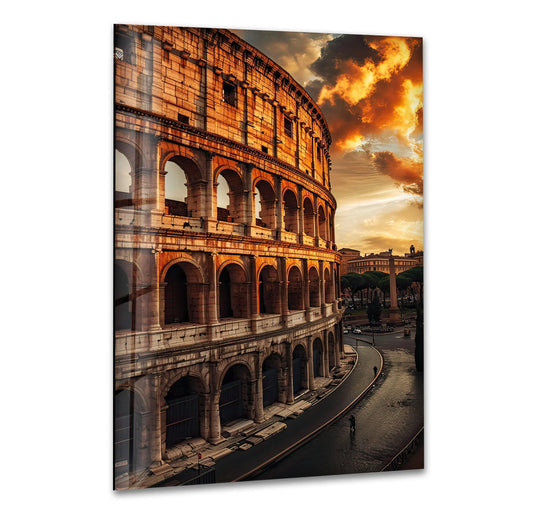 The Colosseum landscape glass wall art showcases the detailed architecture and dramatic sky with realistic detail in stunning 8K UV printing.
