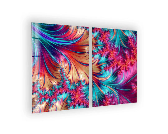 Intricate, feathery designs showcase the foreground detail of vivid pink and blue fractal abstract glass wall art that resembles modern wall prints.