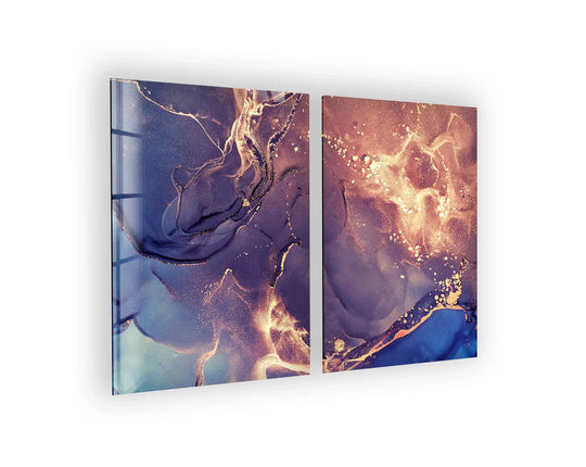 This modern glass wall art shows purple and blue fluid art with an abstract design and it's an abstract ink art perfect for contemporary wall decor