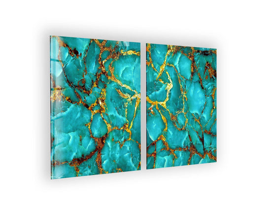 Featuring a high-gloss finish, this turquoise and gold 'Turquoise With Gold Veins Marbling' glass wall art enhances depth through brilliant glass printing.