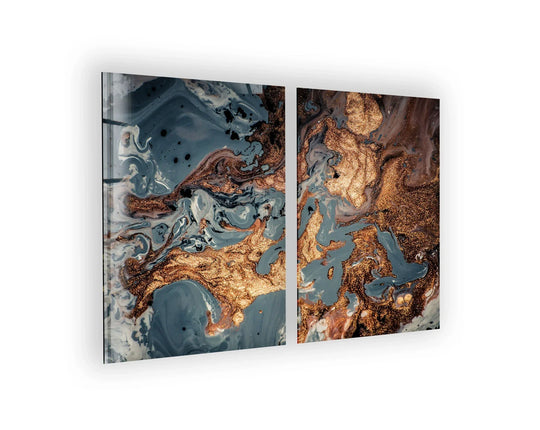 The abstract glass wall art shows a grey and copper marble design and is a modern abstract decor pieceThis glass wall art is ready to hang and features a marble designThe grey and copper abstract art on glass adds luxury to your space