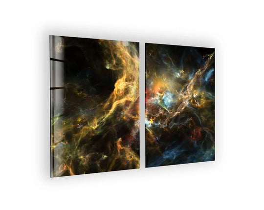 Tempered glass wall art displays a captivating fractal cosmic space design, offering a sleek and vibrant piece of home decoration for any interior.
