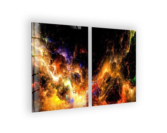 The glossy glass wall art shows an orange nebula and cloudy space theme and it is artistic home decor and vibrant cosmic art for modern interiors